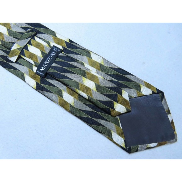 Manzoni Geometric Art Abstract Striped Black Diamond Italy Silk Neck Tie - Picture 7 of 10